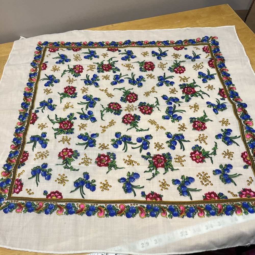 Vtg 100% Virgin Wool Floral Blue Pink Scarf Japan Hand Screened Flowers See Pics